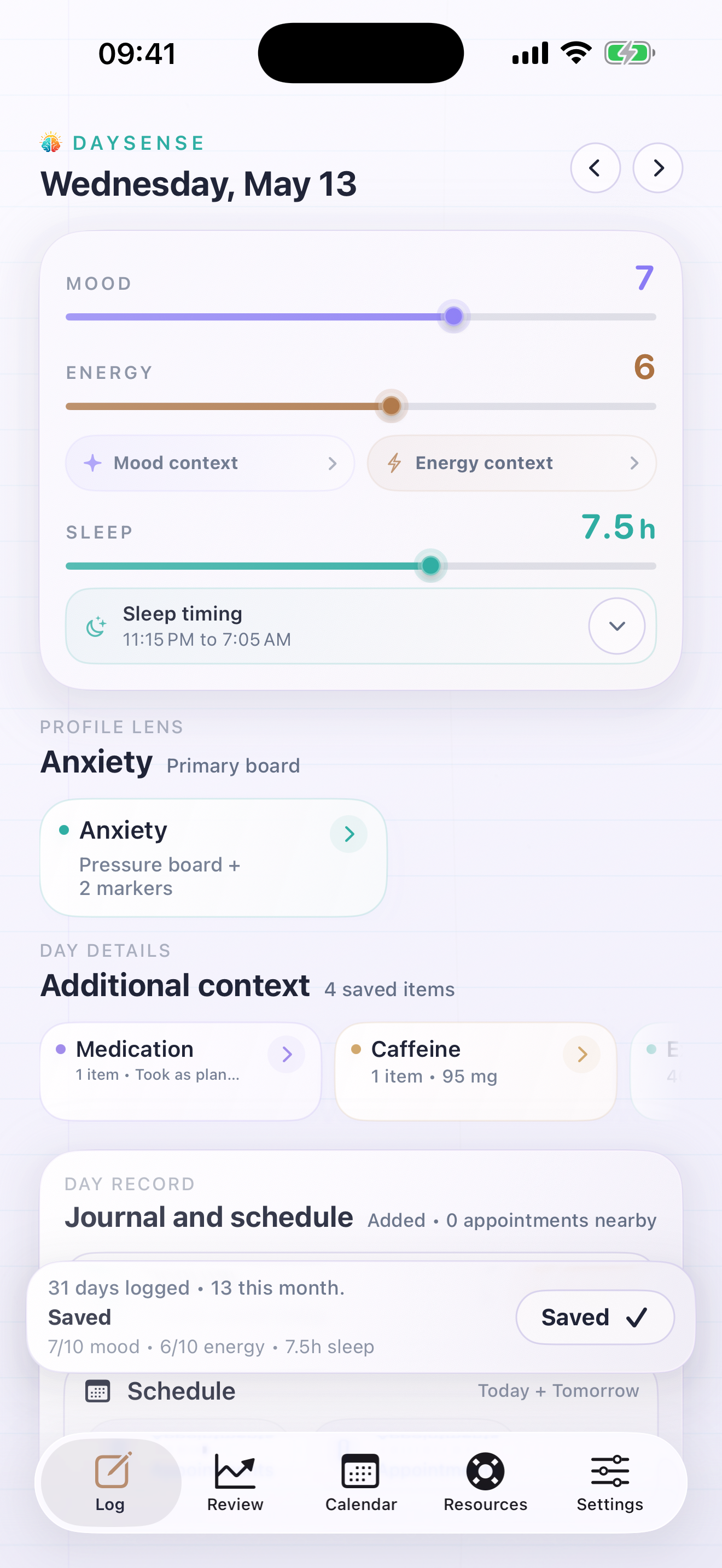 DaySense Anxiety tracker – daily log screen with stress context