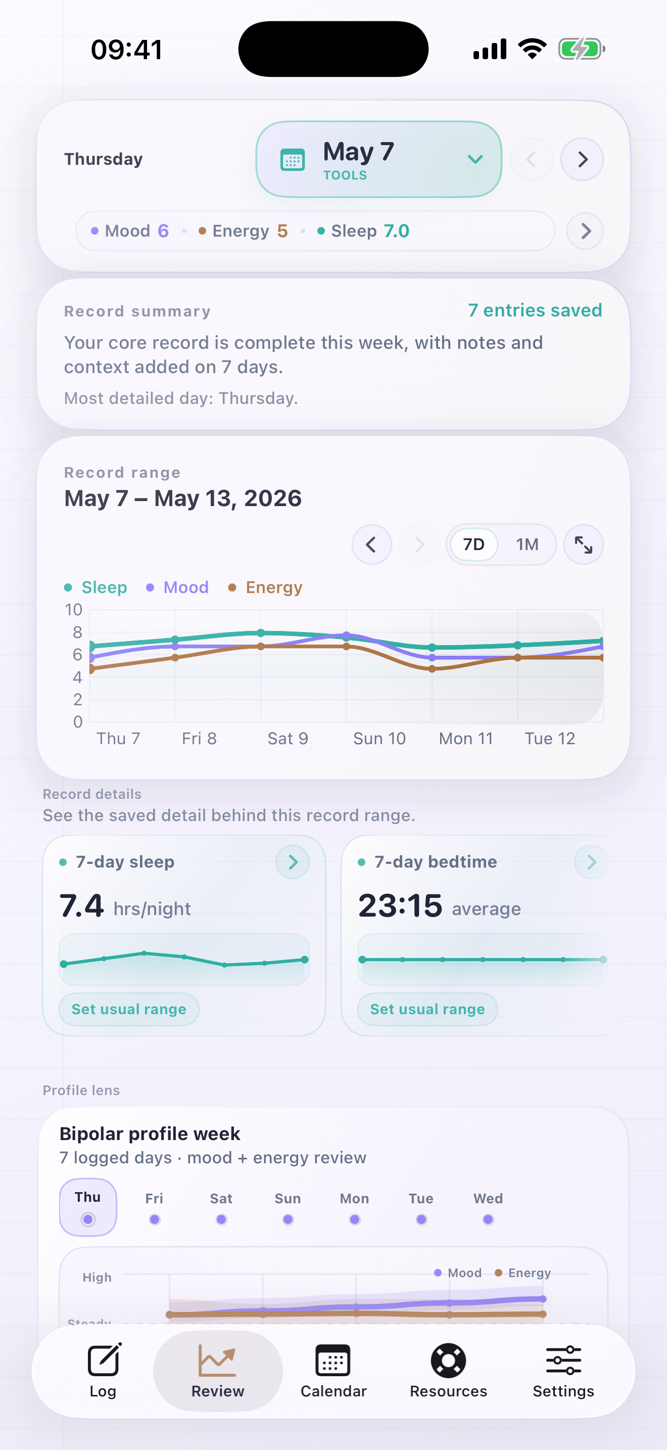 DaySense Bipolar tracker – review screen browsing recent days